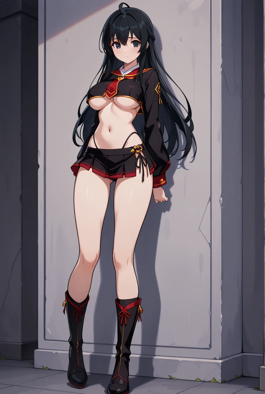 1 girl, bare shoulders, black hair, medium breasts, muscular legs, muscular belly, wide hips, thin waist, (((clock eyes))), (wearing a very short and sexy bikini), finger to mouth, ((( in motel room))), full body, hairband, (standing), heterochromia, index finger raised, black high heel shoes, lolita hairband, long hair, Looking at Viewer, red eyes, smile, alone, symbol-shaped pupils, (Kurumi Tokisaki), twintails, uneven Double tails, yellow eyes,