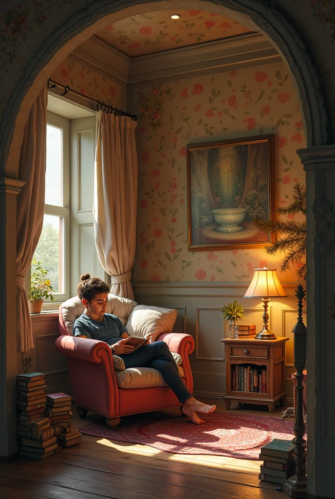 Create an image of a lady reading a book with a cat lying at her feet, a fireplace on the side, and a cup of coffee on the side --auto --s2