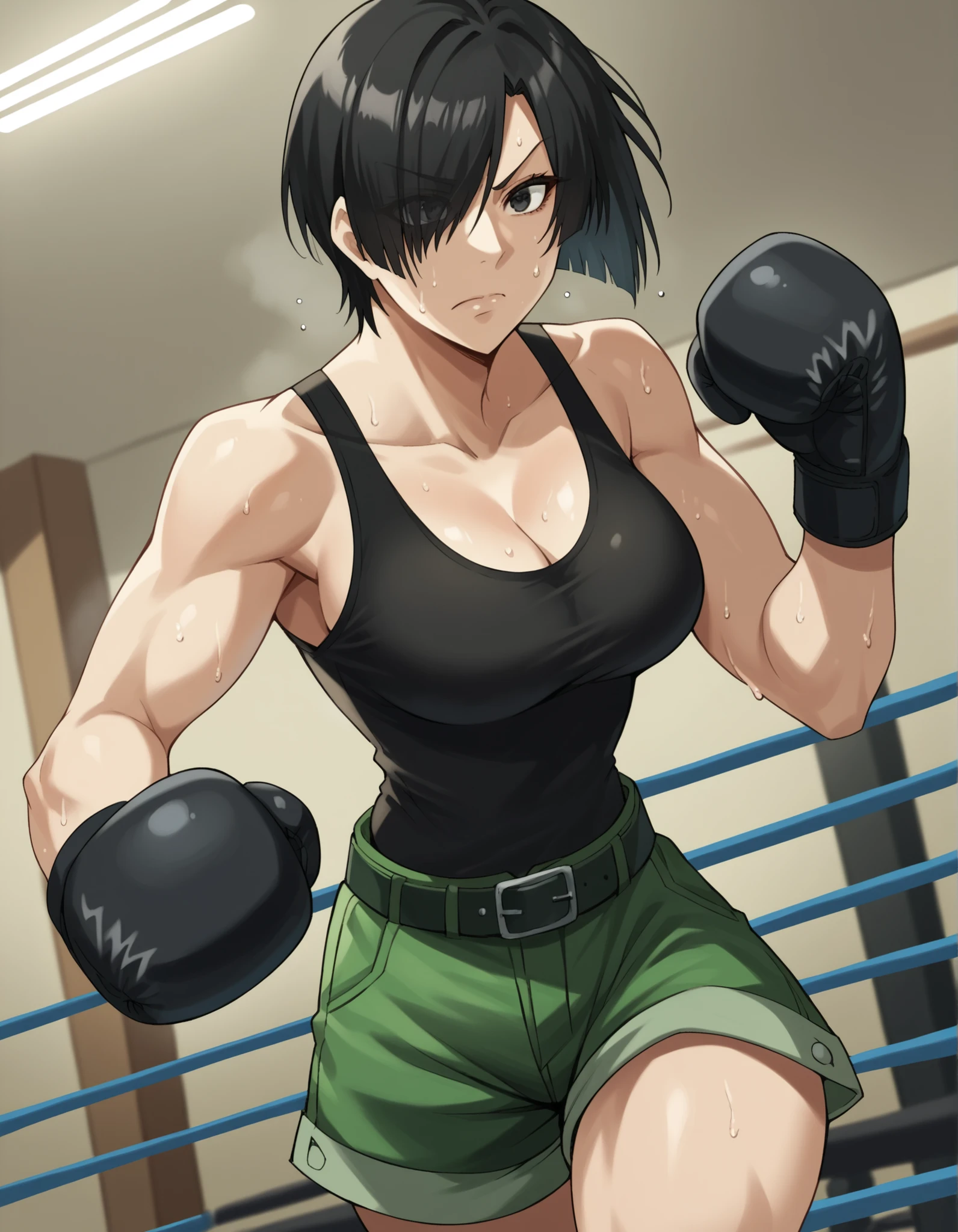 Young women、Black Hair、short hair、Green Eyes、Big Breasts、Slightly muscular、Lightly defined abdominal muscles、Black sports bra and leggings、Fists held at chest height、((Sadistic smile))、Red Boxing Gloves、The background is a small training room.、soldier、train、((one woman))