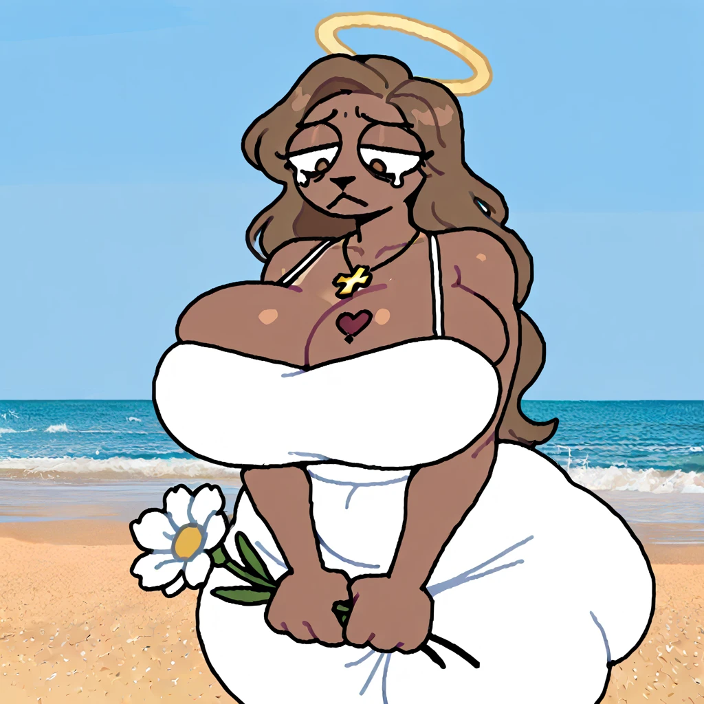 ((Human)), eyelashes, big breasts, Milf, mommy, light brown eyes, long brown hair, brown hair, halo, broken-heart tattoo, dark tan skin, beach, white dress, holding a white carnation flower, gold cross necklace, (gigantic curvy:1.2), frowning, sad, depressed, solo, big butt, thick thighs, curvaceous, cowboy shot,