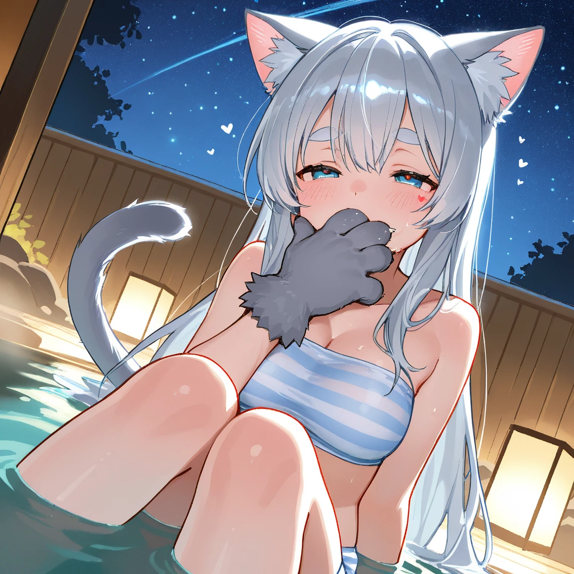Beautiful fece, masterpiece, top-quality, hiqcgbody, animesque, 1girl in, Medium chest, The bikini, Transparent transparent black swimsuit, portrait shot, Look at viewers, Partially submerged, Outdoor pool, (silber hair),(Feline ears),poneyTail,wetted skin, intricate detailes,>,((coverd)
