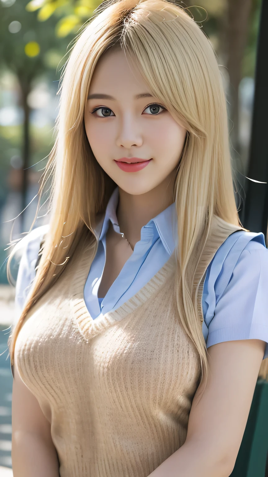 730717681 Only one woman, alone, blonde、Shining beautiful skin、big breasts、outstanding style, front tie blouse、sunny day, overseas