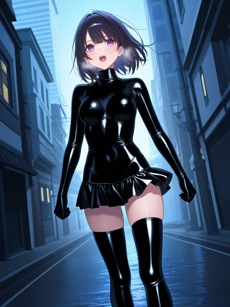 (high res, 8K, masterpiece, looking at viewer, best quality, very aesthetic, ultra detailed, ultra background, ultra Eyes) intricate details, 1girl, Fubuki, Black Bunny Suit, Rabbit ears, Rabbit tails, Stockings, Dark Green Short hair, Green Eyes, Selfie in the Mall Smile Face, Cheeks Flushed, Perverted Face, Background The Mall, Cinematic Angle