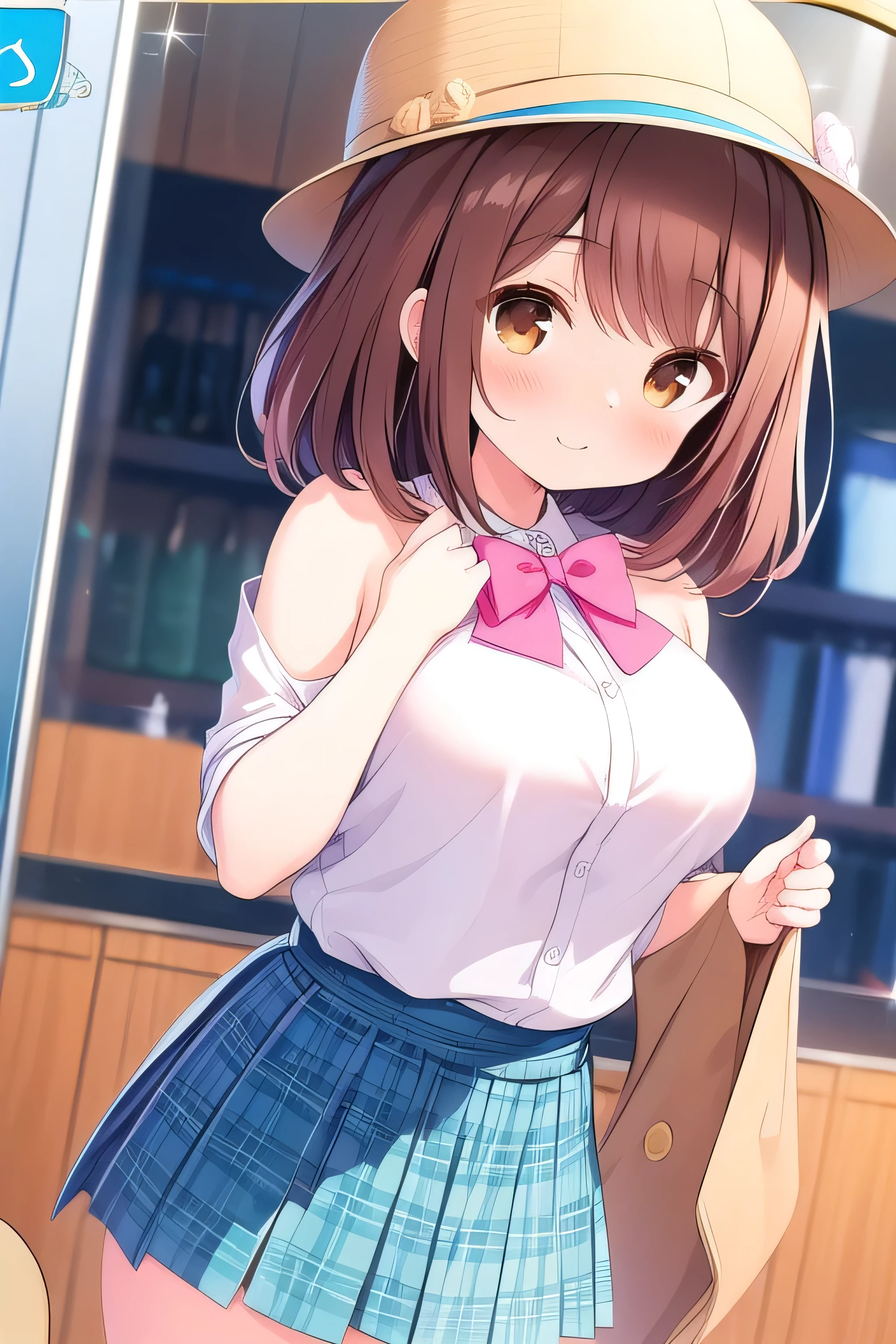(masterpiece, best quality), highly detailed background, perfect quality, shiina kokomi, solo, brown hair, long hair, brown eyes, large breasts, blazer, blue bowtie, pink skirt, plaid skirt, gentle smile, big breast, fully shoulders, store, sweater, short hairs, happy, tall adult look, hat,
