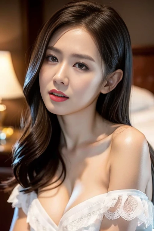 , (Mature body), Solitary,Long gray hair,black hair color, Off-shoulder, black eyes,1 Sister,A sexy pose,best quality,masterpiece,light,Extremely exquisite and beautiful,CG,Unite,8k wallpaper,Astonishing,detailed,masterpiece,Official Art,The content is very detailed Cg Unite 8k wallpaper,Extremely ridiculous,Huge file size,ultra - detailed,high resolution,The content is very detailed,Beautiful and delicate girl,Practical,full,Hotel Room,Light Contrast, Lopez, fully body photo, full, White under underwear