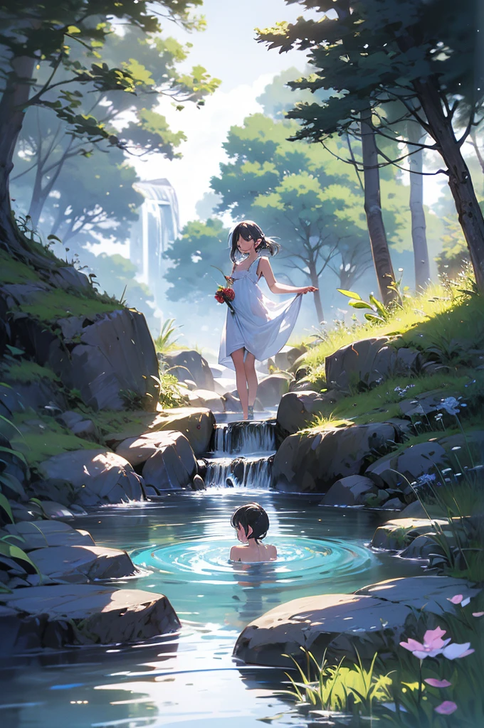 Dark night, forest rock stream, dark night, , naked, riding a sacred deer, the sacred deer is all white, the sacred deer emits a dazzling light, jumping