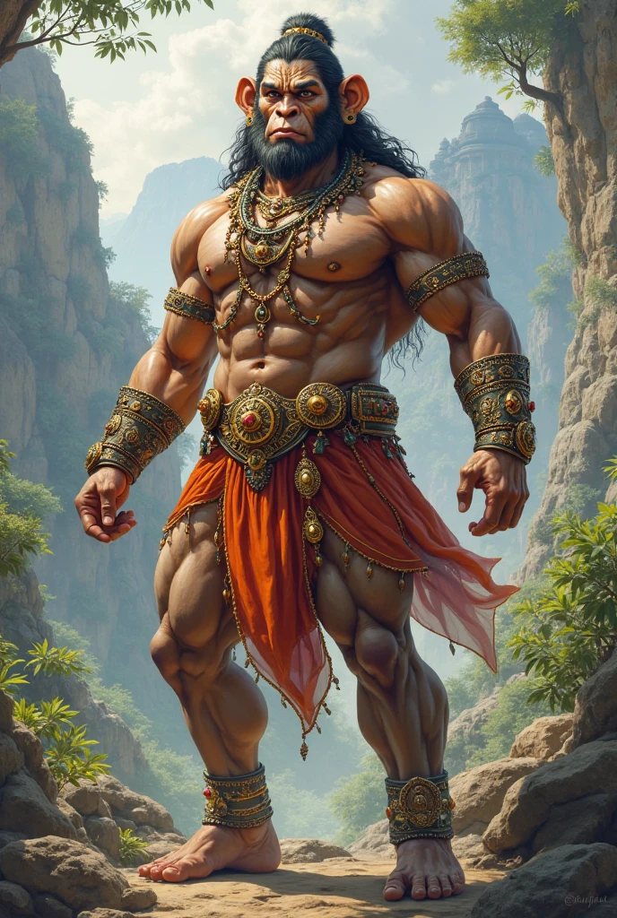 Hanuman with six pack standing in rural area