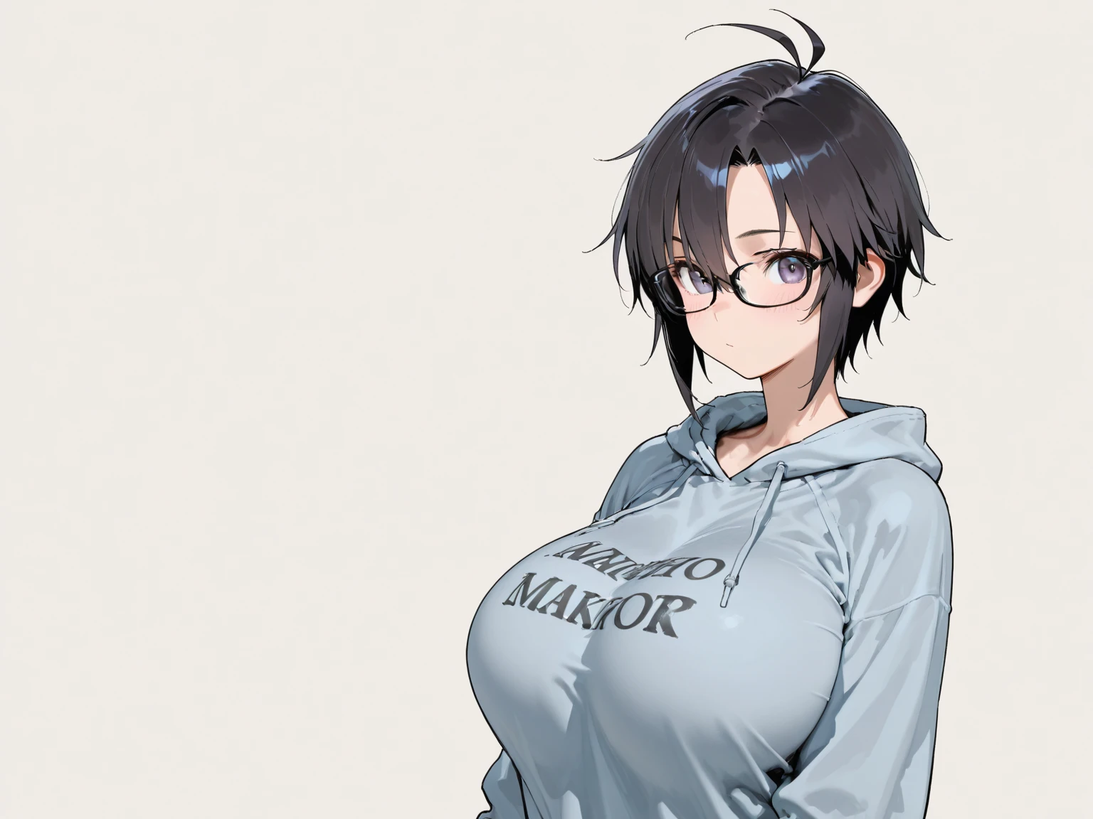 1girl,This detailed CG illustration at 8k resolution is of the highest quality and offers ultra-detailed detail. tetas con una altura de 2 y 1.0 centimeters and a thickness of 8.54 centimeters. El  Messy Short Hair, personaje destaca (con su cabello azul oscuro y Azul acero y Azul regio y Azul) y (sus ojos  morados y Violeta color) y Magenta, creando un contraste llamativo.  Luce unas gafas y camiseta de bermuda 
