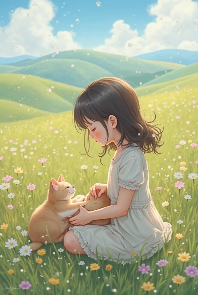 A charming little girl，Brunette and her cute puppy，Enjoy a lovely spring outing surrounded by beautiful yellow flowers and nature。Country lanes，Fenced hut，The illustration is a high-definition illustration in 4K resolution，With very detailed facial features and cartoon-style visuals。