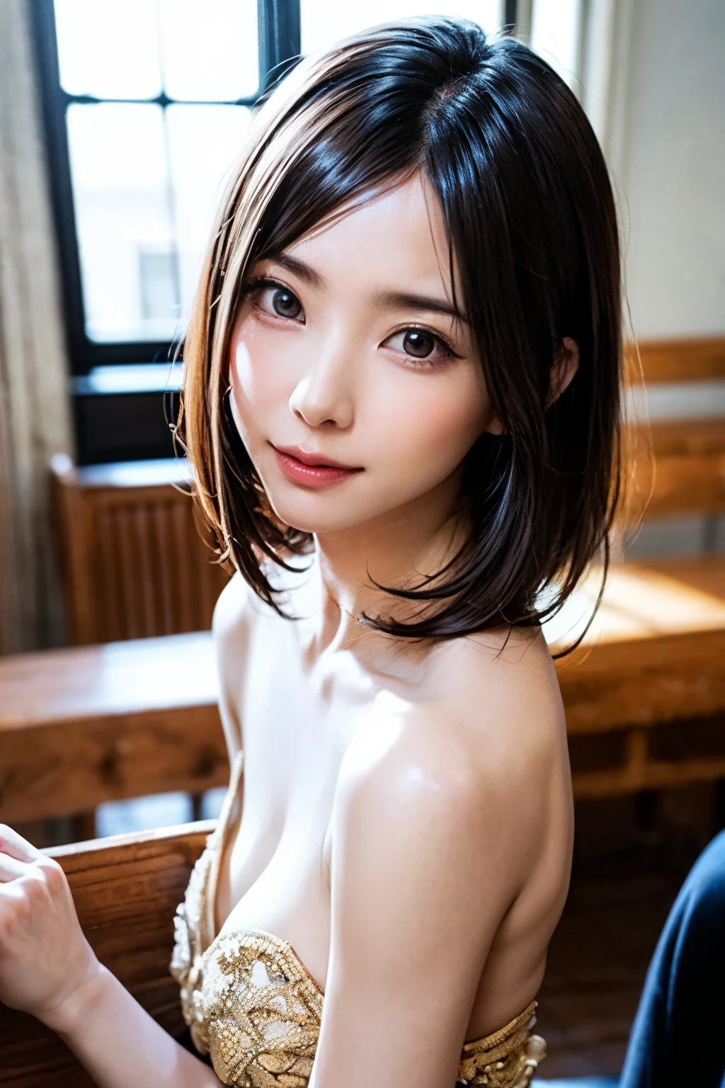 1girl, japanese, bangs, light smile, bokeh, pov, black eyes, nude, full body, pussy, nipples, mole, shiny skin, masterpiece, best quality, ultra quality, high quality, realistic, photo realistic, RAW photo, hyper detailed, intricate detailed, film grain, room,