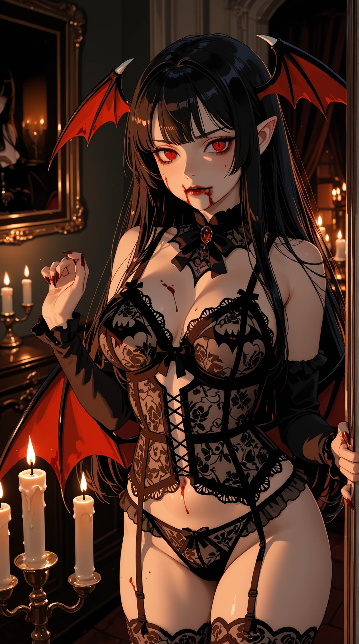 (High quality, High resolution, Fine details, Realistic), Vampire, Old castle, Full Moon Night, Bats are flying, Black Dress, Solo, Adult Woman, ((Red eyes shining suspiciously)), Detailed eyes, Smile, blush, Sweat, Oily skin, Shallow depth of field, Dark atmosphere