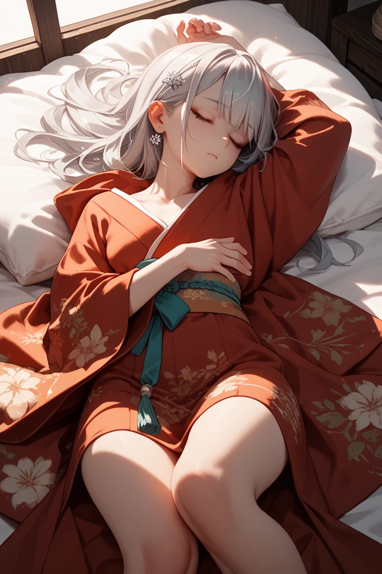 top-quality、​masterpiece、1girl in,white  hair、Shorthair、Black eyes、Pink blush color under the eyes、Shy look、a small face、Red Kimono Dress:1.3、Floral pattern:1.2、Shoulder out:1.3、huge tit:1.1,Thin leg:1.1、View here、Angle from diagonally above、natta、Dim lighting、hotels room、lying on the bed:1.7、Supine position:1.8、Background blur