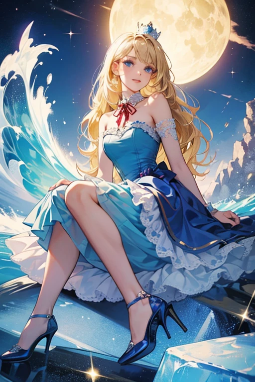 (masterpiece、Highest quality、8k、High resolution)、Best Style、(The most beautiful girl in anime)、(Clear skin、Clean blue eyes、Beautiful lips、Beautiful nose)、smile、Beautiful white upper teeth、Blonde Hair、Ample breasts、Walking on the beach、Palm tree、Beautiful starry sky、milky way、(Body、whole bodyからMystical particles of light、Mystical particles of light、Mystical particles of light、Colorful Light、Vibrant colors)、The area around the head is brightly lit with a mysterious light.、Vibrant colors、(jewelry、necklace)、dress、(whole body)、Highly detailed anime art、A complete portrayal、
