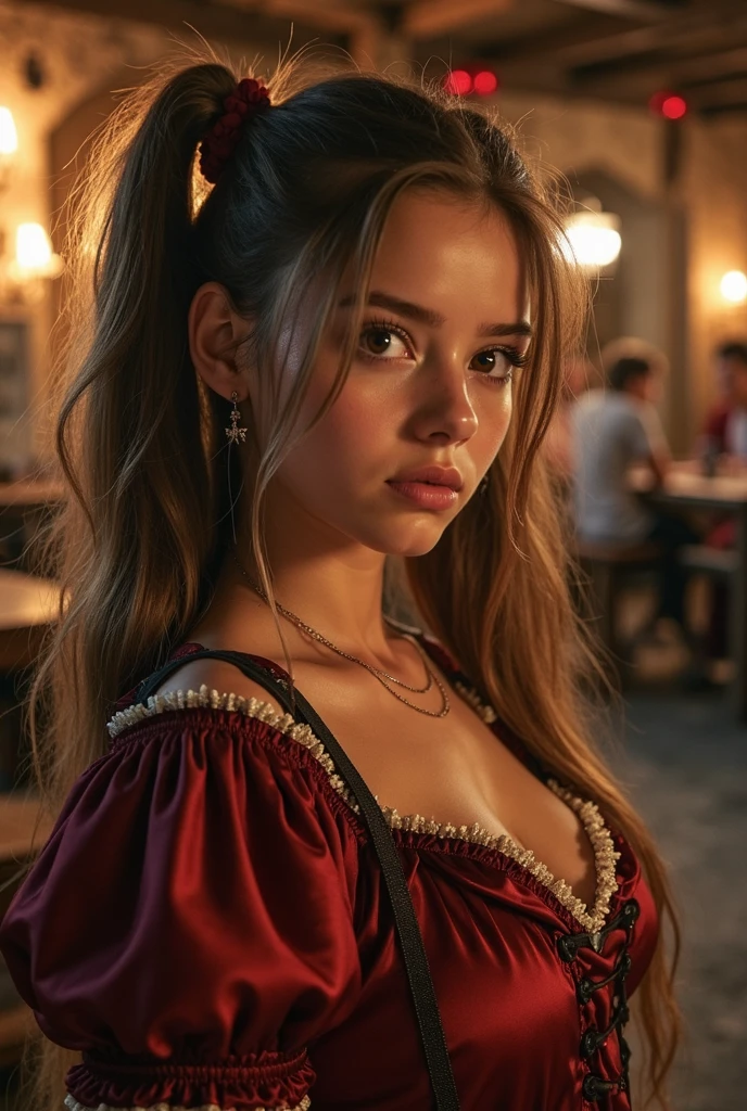 A friendly 27-year-old American PORTRAIT, with short, neatly plaited and braided blonde hair, striking brown eyes, and dressed in a HALLOWEEEN dress, celebrating sexy.photo, Sportscar, woman, racing flag HAUNTED HOUSE