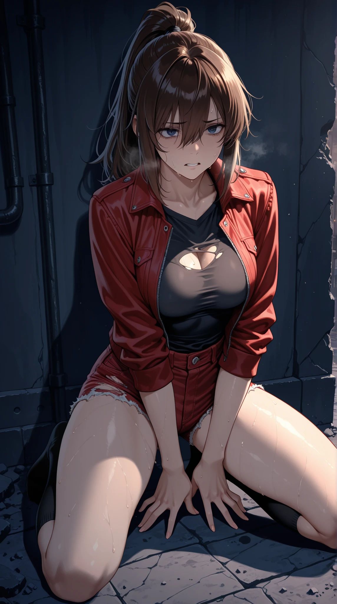 Raise your legs and hang in the air,Expose the soles of your feet、Lie down with your hips turned away、soles of feet、M-shaped legs、Woman opening her legs、Clothes melting、master piece、1人、独奏、Braids、Torn clothes、Handcuffs、Chains、a navel、Tearack arms:1.2)、shibari、Chains、heart - shaped pupils、Scream、Hand flail、Flail、Ruined restroom、red hair, no shirt, no bra、black necktie、Black pants, huge breasts exposed, pussy is showing