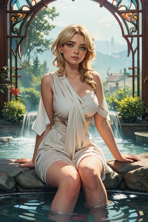 a seductive 30-year-old incredibly beautiful young femme fatale blonde with long golden hair gathered in a high hairstyle decorated with pearls, precious stones, a tiara with orange stones, she has blue eyes, neat seductive luxurious breasts, a beautiful feminine figure, rounded hips, she is wearing a seductive white dress with thin straps, open shoulders, an orange thin transparent shawl. She is sitting near a fountain in a luxurious palace.