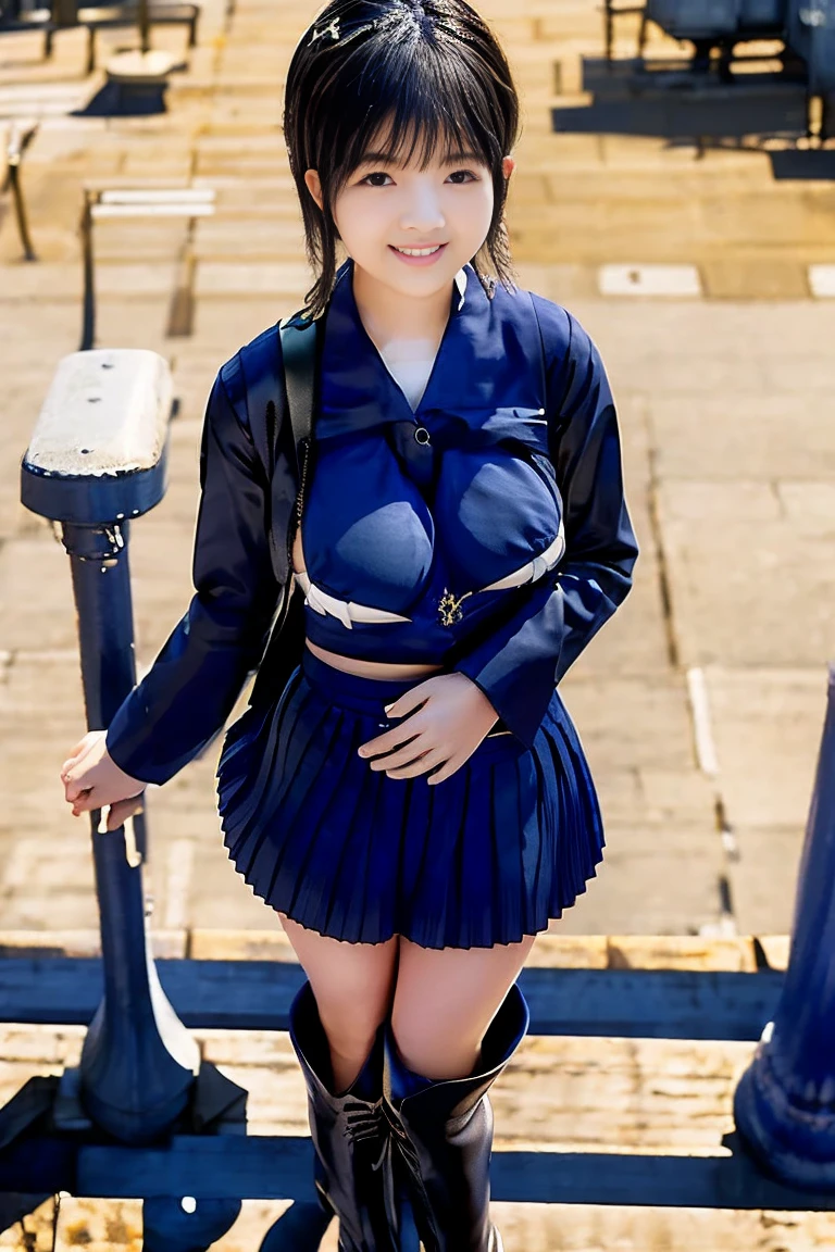 29 year old beautiful half-naked Japanese woman。Blue sailor suit with open front showing big breasts。Blue pleated skirt with open crotch and exposed pubic hair。A plump body with huge breasts sticking out and thick pubic hair exposed.。Her big plump thighs and calves with her legs spread are voluptuous.。leather shoes。The background is a city sidewalk。