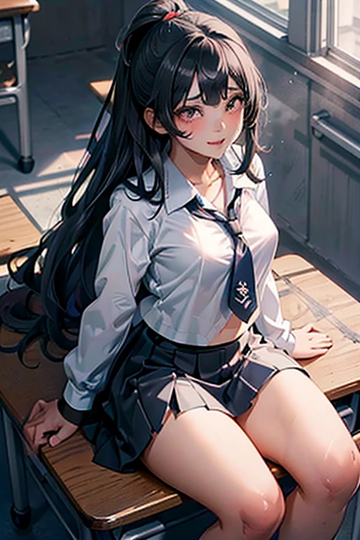 ((Highest quality)), ((masterpiece)), (detailed), One person, sexy,非常にdetailed, Perfect Face, Perfect body, Huge breasts, Very big ass, Straight hair、Beautiful woman,Black-haired、Japanese women、 smile, Hata, Glowing Skin、From below, Huge breasts, Side bust , Thighs,  Cleavage, Spread your legs, ((JK clothing)),No underwear,((detailedな女性器:1.8)),((Exposed breasts from the side))