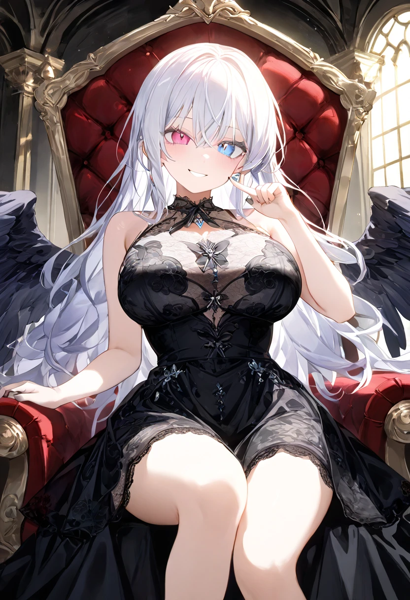high-level image quality、masterpiece、Raw photography、8K、detaileds、1 persons、独奏、Elaborate spherical joint doll like a girl、You are a doll、Mostly spherical articulated dolls、Only one person on screen、rosen maiden(Mercury lamp)、White silver hair、Dark silver hair、very long hair with sideburns,,,,,,,、The bangs are in the center、Long straight hair、、Super long hair、cuticle、long hair to the waist、very long hair with habitual hair、Black headband、Black Ribbon Adorable、Rin々Right、Full body like、has black plumage、Black wings of angels on their backs、large black feathers、Wearing the Black Feathers of a Fallen Angel、black feathers on the back,,,,,,,、Black feathers flutter、Black wings fluttering across the screen、The eyeball is very red、Girls have red eyes、Akame、Crimson eyes、Redeye、Very red eyes、Staring into red eyes、Thin eyebrows、Suspended Eyes、Fishing eyes、dual、eyeshadows、poisonous mist、Long-haired gaze、huge smile、Personality Tough、Fluffy smile、Gothic Lolita Fashion、black and white clothes、Inverted cross embroidery on black skirt、Wear black leather boots、Fluttering lace skirt、Medium Beautiful Breasts、Prominent nipples、Swaying udder、Underdeveloped girls、Saint a girl、The gaze is watching the viewing、Lying on the floor、Place your arms on the ground、in a house、Inside a Nordic castle、a bed、Night、Red cheeks、excited、Contemptuous gaze