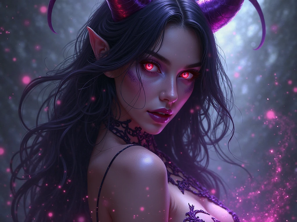a sexy succubus, sensual lighting, realistic, sexy pose, full body, hell scene, 1girl, detailed eyes, detailed lips, long eyelashes, mesmerizing gaze, horns, wings, glowing skin, intricate demonic features, elegant curves, flowing hair, smoldering expression, photorealistic, cinematic lighting, dramatic shadows, deep red and purple hues, hellfire background, dark fantasy, highly detailed, 8k, masterpiece,goddess