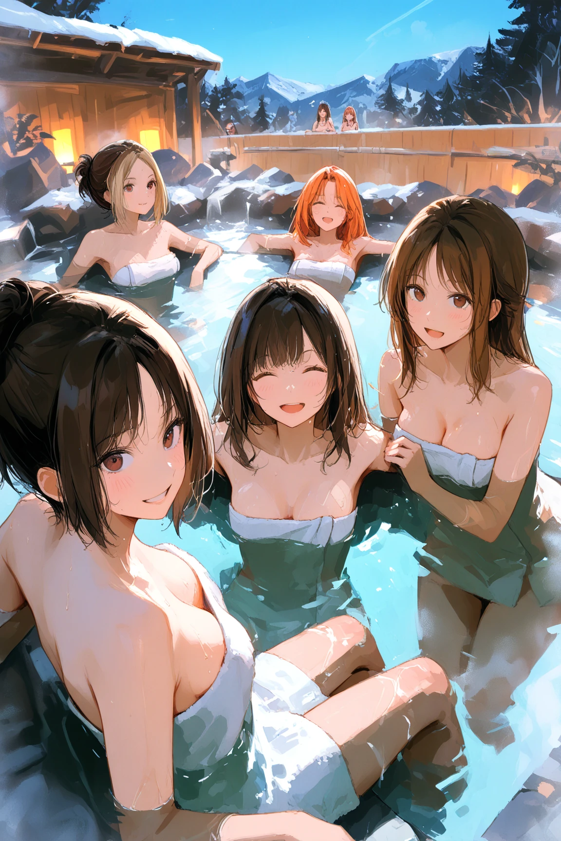 Anime Moe Art Style,Highest quality,High resolution,Anatomically correct,Multiple Girls,Mid-teens,Mr.々Hair style,Super detailed,Big Breasts,Shiny skin,Beautiful Skin,A rich expression,Shy laugh,high school girl,Gal-style girl,Large hot spring,mixed bathing,Completely naked,Nipples are visible,Poses that accentuate the chest,Sexy pose,Eyes drawn in detail,8K