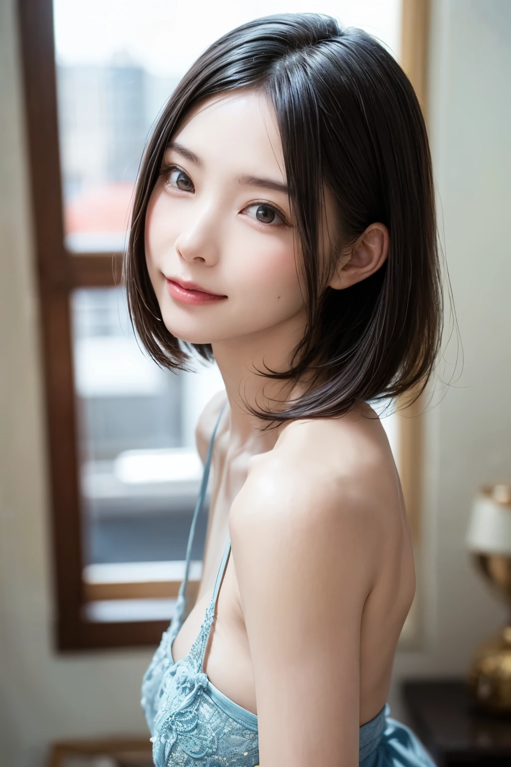 , finely detail, (1girl),ultra detailed human face,Short hair,(Joyful face),various poses,wore a bikini,woman,whole body