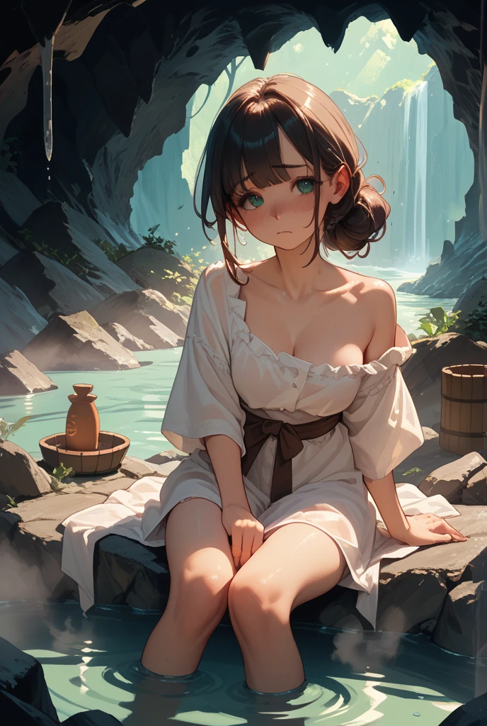 Girl ????? and pink body paint、Brown Hair Ponytail、Full body like、Detailed face、Pose shooting、a large ??????、big ??????、?????? and ?????? shape、Slave collar、Slave chains、A masterpie、Dark caves、On the water、Sparkling water、A ray of light、High Contrast、beste Quality、Top image quality、Mystical scene、?????????、Thighs make them thinner、shinny skin、Yellow drops dripping from the ??????、restroom、Japanese-style toilet bowl、(blushes:1.0)、closes mouth、Squatting with M-shaped legs、Anatomically correct body