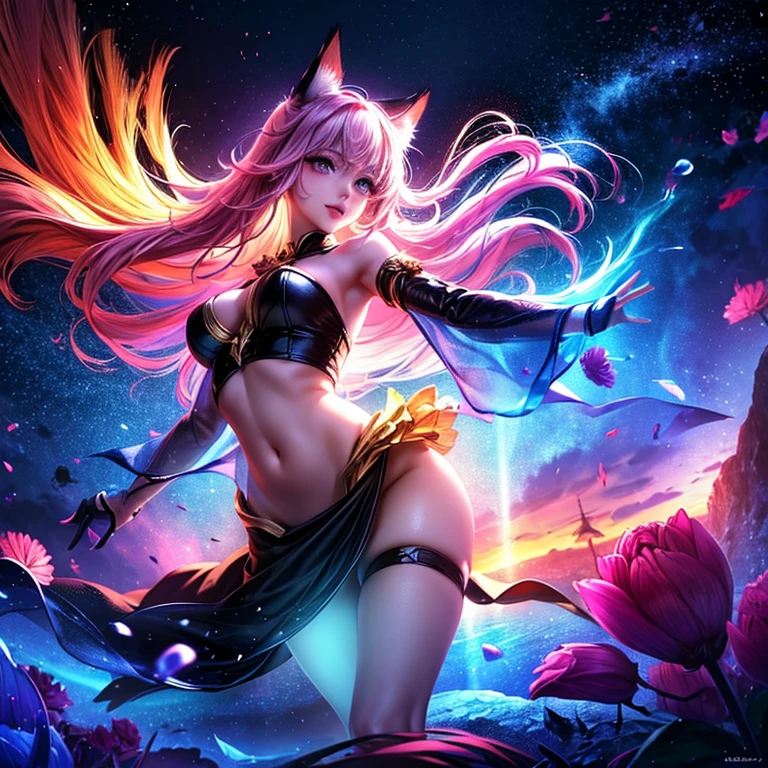 Describe a scene where a cute girl character is lying on a grassy hill, Looking up at the starry sky. Surround her with colorful nebulae and her favorite constellations.