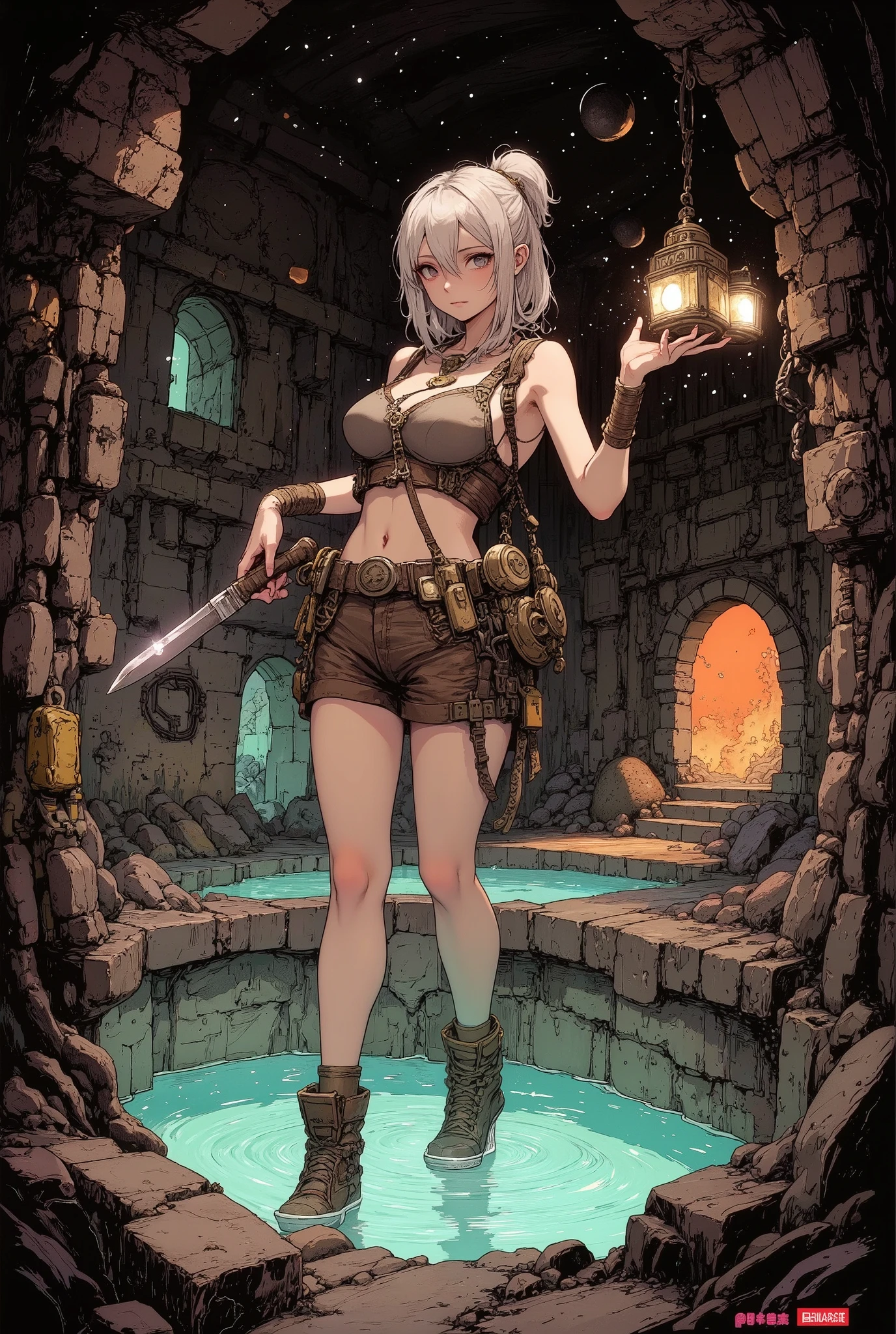 She is in a maze of caves looking for treasure. Onsen Dungeon, Hot Spring Dungeon, She is holding a lamp in her left hand and a knife in her right. She is wearing a tank top, cargo shorts, and engineer boots. Her expression is tense. @ @, close up shot : 1.4, ((View from below and ground level shot ; 1.6)), looking at viewer, perfect body, ((5 fingers)), (anatomically correct), ((soft silver low ponytail hair)), , ((:1.8)), curves, stylist versatile, gives scene depth and openness, depth of field, high resolution, masterpiece, accurate, top quality, high resolution model, high detail, beautiful detail, high resolution, 32K, realistic rendering, ultra realistic detail, thin body, complex texture, Spotlights, Dynamic Lights, 
