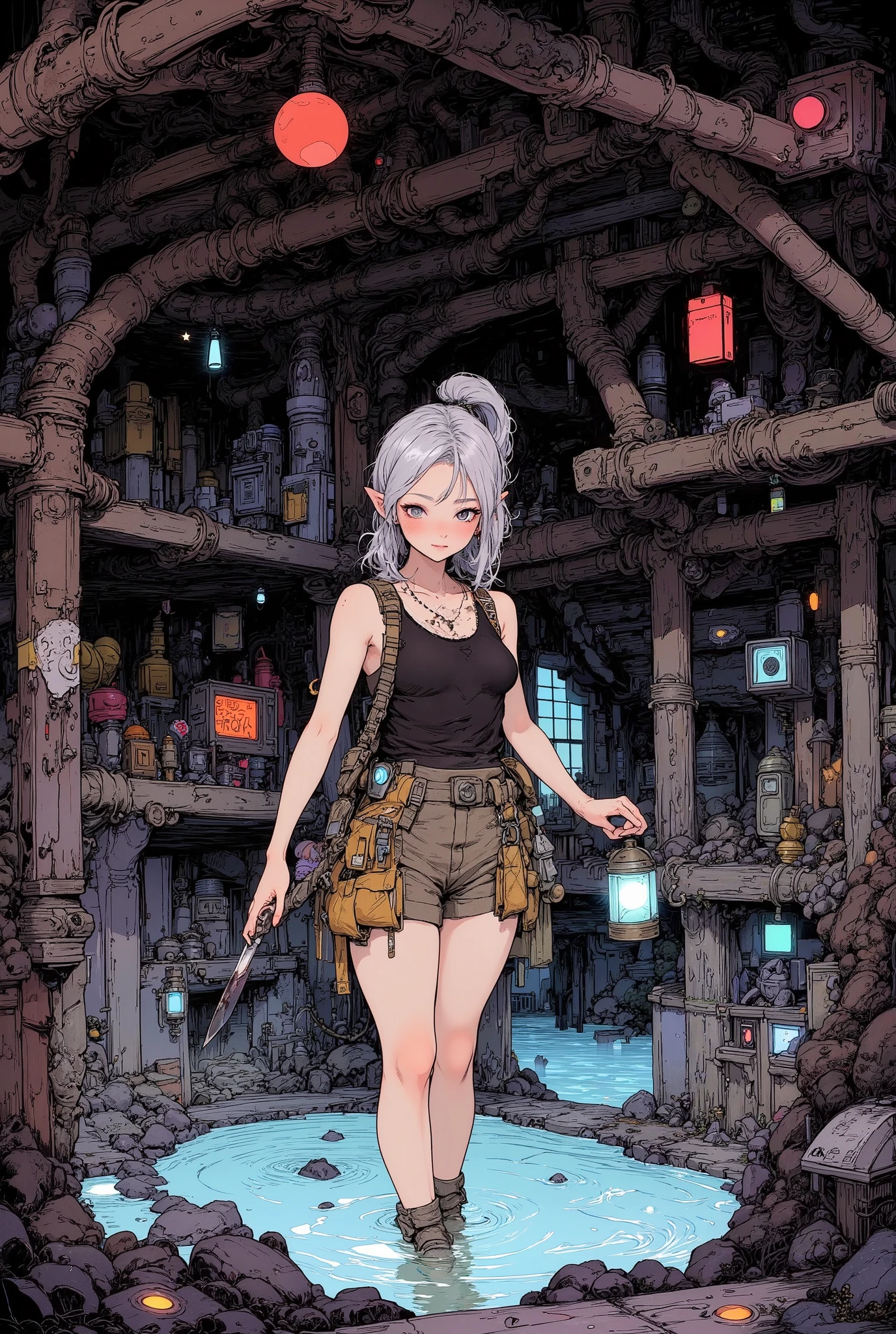 She is in a maze of caves looking for treasure. Onsen Dungeon, Hot Spring Dungeon,  She is holding a lamp in her left hand and a knife in her right. She is wearing a tank top, cargo shorts, and engineer boots. Her expression is tense. @ @, close up shot : 1.4, ((View from below and ground level shot ; 1.6)), looking at viewer, perfect body, ((5 fingers)), (anatomically correct), ((soft silver low ponytail hair)), , ((:1.8)), curves, stylist versatile, gives scene depth and openness, depth of field, high resolution, masterpiece, accurate, top quality, high resolution model, high detail, beautiful detail, high resolution, 32K, realistic rendering, ultra realistic detail, thin body, 