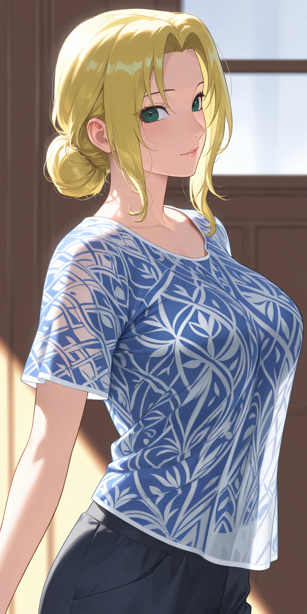 Female, German, blue eyes, Blonde hair, medium hair, tank top , medium breasts, slim figure, fit, tight leggings, highly detailed, wallpaper, back of view, cleavage, close up, sexy waistline, slim thighs, back of view, ass, fanservice, ecchi, smirking, portrait