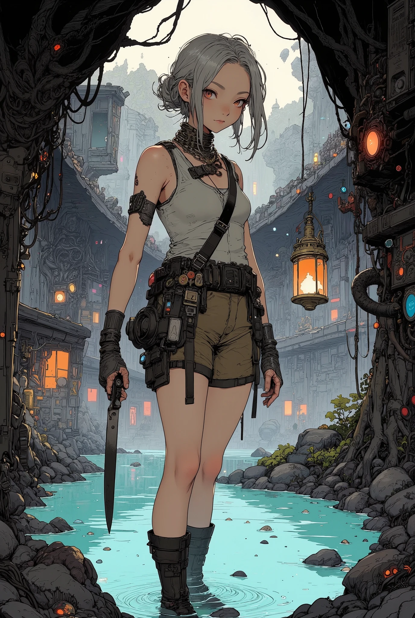 She is in a maze of caves looking for treasure. Onsen Dungeon, Hot Spring Dungeon,  She is holding a lamp in her left hand and a knife in her right. She is wearing a tank top, cargo shorts, and engineer boots. Her expression is tense. @ @, close up shot : 1.4, ((View from below and ground level shot ; 1.6)), looking at viewer, perfect body, ((5 fingers)), (anatomically correct), ((soft silver low ponytail hair)), , ((:1.8)), curves, stylist versatile, gives scene depth and openness, depth of field, high resolution, masterpiece, accurate, top quality, high resolution model, high detail, beautiful detail, high resolution, 32K, realistic rendering, ultra realistic detail, thin body, 