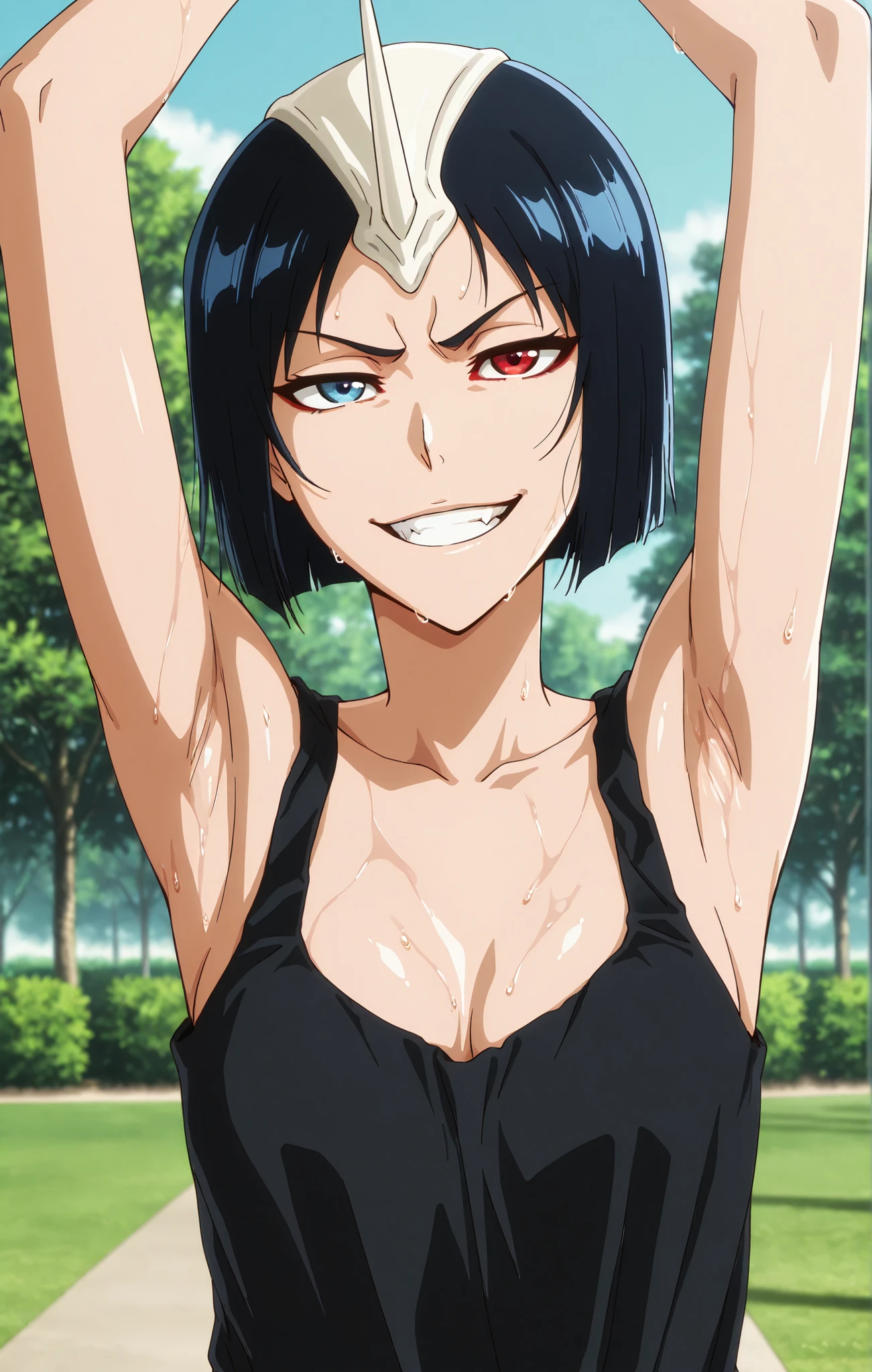 masterpiece, best quality, amazing quality, anime screencap, anime coloring, 1girl, solo, 3m1l0u, heterochromia, blue eyes, red eyes, black hair, short hair, single horn, black tank top, cleavage, sweaty, small breasts, skindentation, sleeveless, bare shoulders, bare arms, arms up, raised arms, armpits, head towards viewer, looking at viewer, evil smile, grin, teeth, light source in front, outdoors, day, park