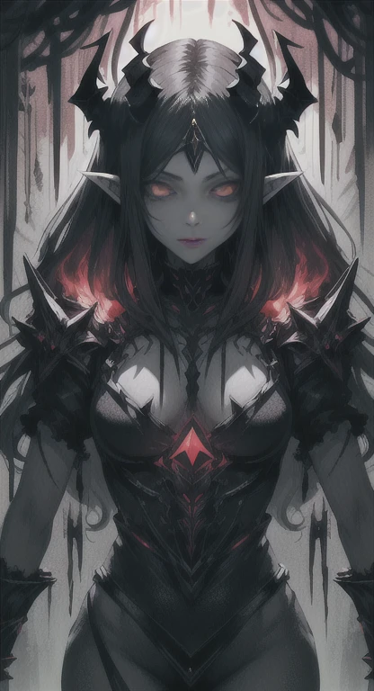 Foggy Forest, ancient female creature, intimidating silhouette, fairy Queen, red eyes, eyes in the fog, rotting, looking at viewer, angry, torn wings,