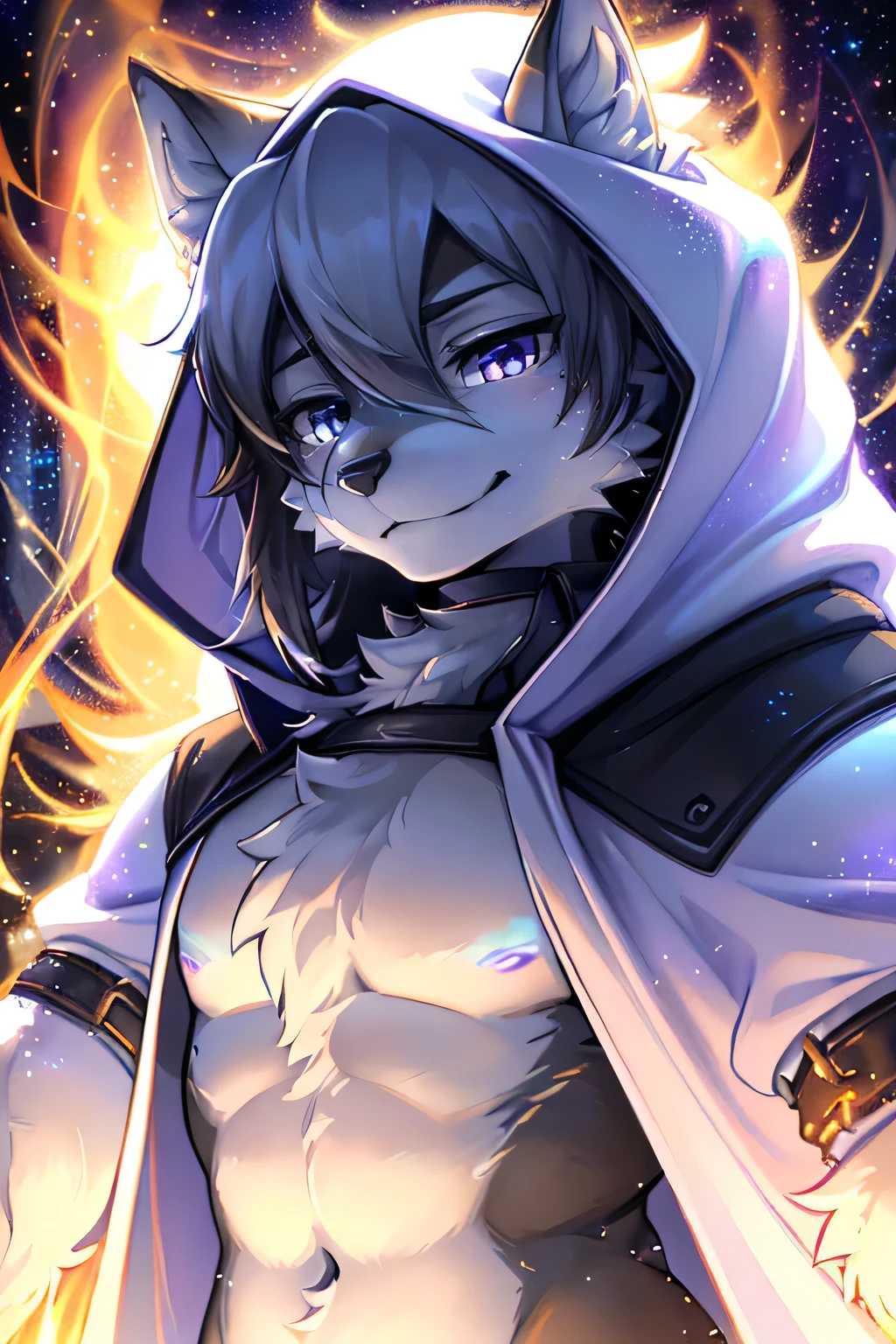 (masterpiece,best quality,perfect anatomy),detailed background,hi res,nj5furry,kemono,
solo,male anthro wolf,cloak,topless,shorts,laugh,looking at viewer,
dark theme,backlight,(circle light:1.4),magic,