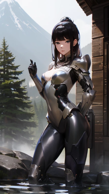 show entire body, feet in view, photorealistic, Alita: Battle Angel, sheer stockings, no shoes, outside, sunset, mountain top