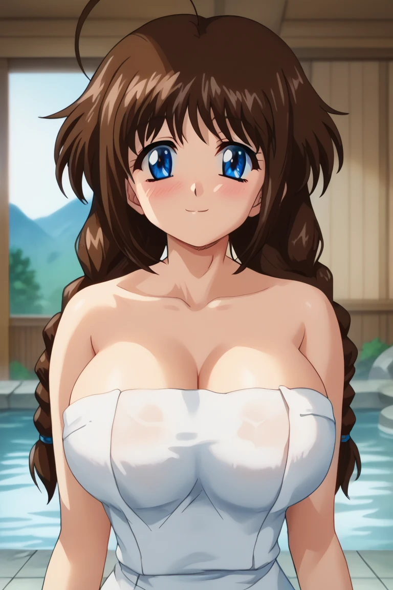 score_9, score_8_up, source_anime Bibl3, cute girl, busty shortstack, brown hair, twin braid hair, hair ornament, hair ribbon, racing swimsuit, huge breasts, heavy breasts, breast expansion, full lips, vivid lips, wide hips, thick thighs, cameltoe, viewed from front, gym pool, happy smile, innocent expression, hip focus, looking at viewer, raised eyebrows, detailed eyes, detailed face, pretty girl,