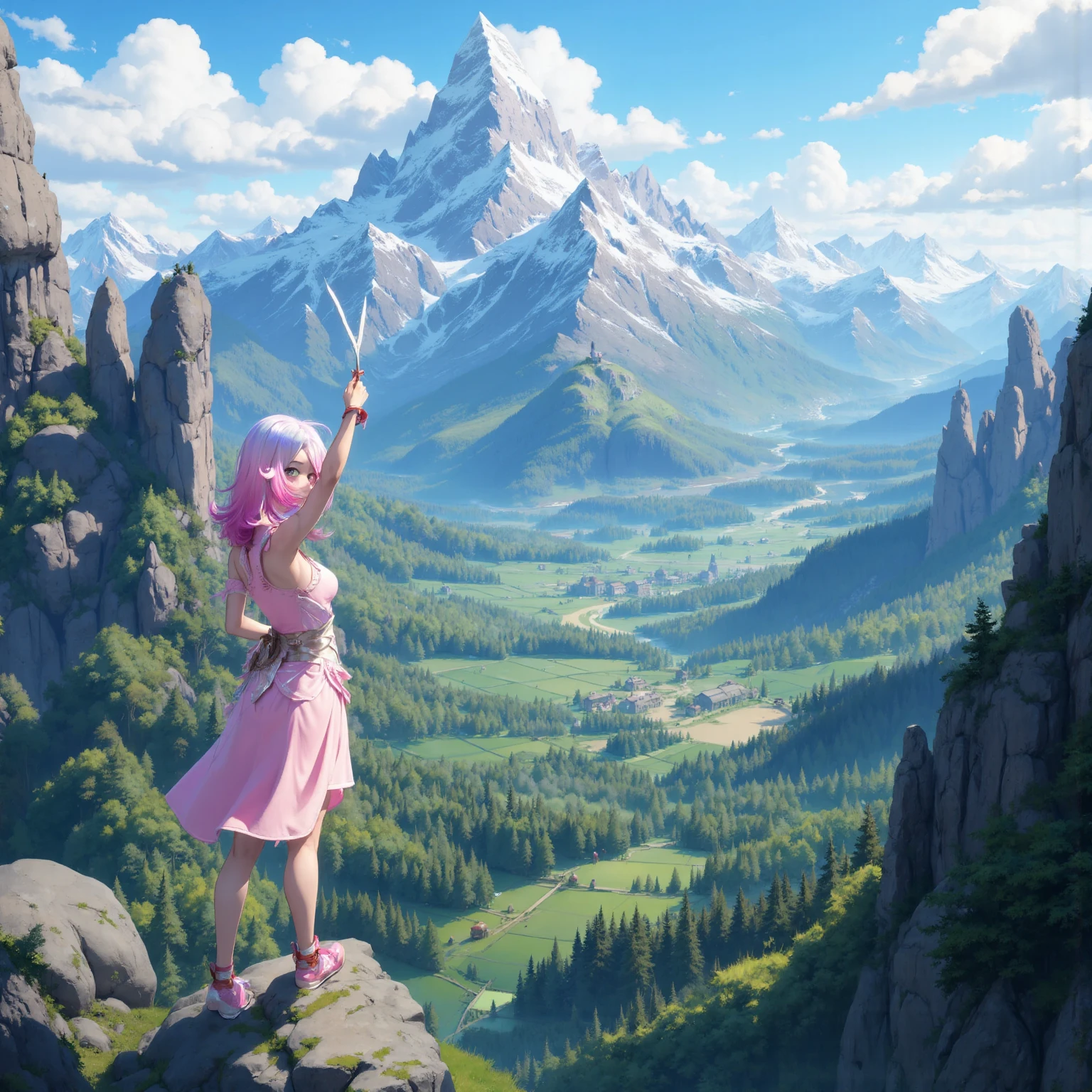 One character from Breath of Fire IV, named Nina, (pink short wings on the back, blond, short hair, blue headbang, blue short dress, with long sleeves, blue long boots, deep brown pentyhose) , sitting on a grass field, contemplative, looking at the sky, from a far