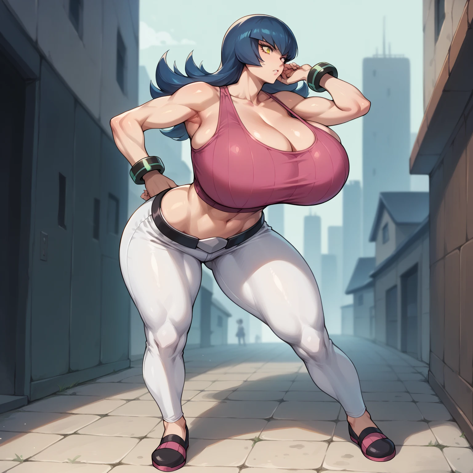 uploaded on e621, shark girl, female, bodybuilder, (hyper muscle), (huge breasts:1.2), (broad shoulders, thick arms, thick thighs, chunky, muscular legs, massive breasts), (highly detailed eyes), bare midriff, (nipple outline:1.2), large areolae, spiked bracelet, highly detailed crotch, absurd res, highly detailed, cinematic lighting, perfect face, perfect eyes, perfect hands, (carefully drawn hands), masterpiece, best quality, 4k, 2k, shaded, (high detail:1.3), (unreal engine:1.1), (by darkgem:1.2), by meesh, looking at viewer, amazon, (white tank top:1.6), (denim shorts:1.5), stocky, broad, slit pupil, huge front teeth, cute smile, smooth skin, smooth face, scales, (light gray skin:1.2), gray eyes, white chest and belly, black hair, ponytail, thigh-up, alleyway, japanese city, (huge bulge:1.3), (penis outline1:1), futa, bulgeJ8, wide hips, huge ass, tribal tattoos on biceps, facing viewer, bare feet, white claws, standing upright, four toes, standing on street, gideon, walking toward viewer,