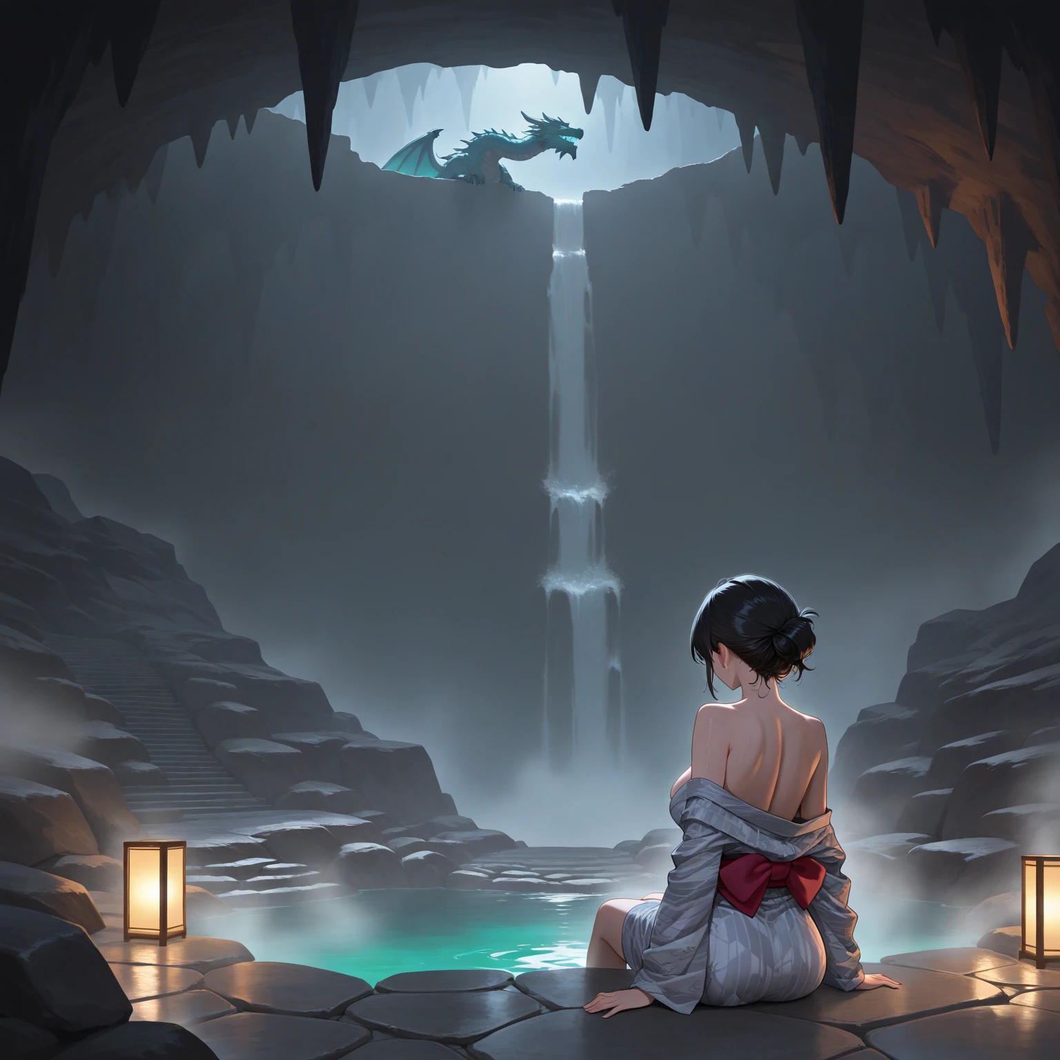 A waterfall of blood descends into a pool of water, a small baby girl in the middle of the water