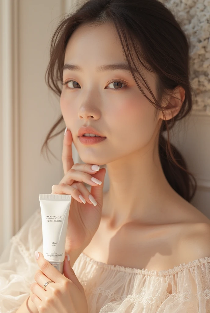 arafed woman in a purple dress holding a tube of cream, milky white skin, clean face and body skin, smooth pink skin, smooth body features, smooth porcelain skin, product shoot, smooth translucent white skin, an asian woman, with shiny skin, shiny soft skin, shiny glossy skin, photoshoot for skincare brand, woman with porcelain skin, silicone skin
