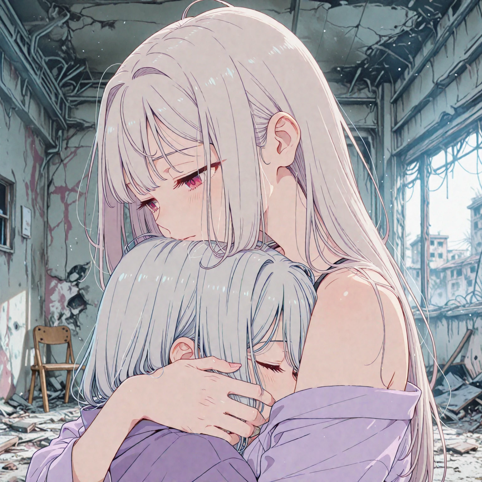 The girl is being forced to take suspicious drugs by a black shadow.、Hollow eyes、Drunk Eyes、girl wearing a white hoodie、Liquid spilling from the mouth、Mouth open、Red cheeks、Skirt falling off、Medium Long Hair、One-point coloring、Light blue and white、Checkered Skirt、Alley、Empty bottles are lying around