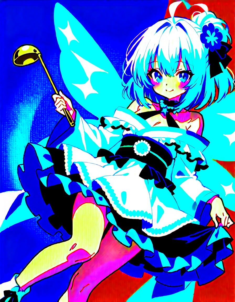 an anime style cartoon girl next to a picture of boobs wearing black swim suit, 1girl, breasts, solo, pink hair, saigyouji yuyuko, swimsuit, large breasts, navel, blush, looking at viewer, one-piece swimsuit, white background, short hair, nose blush, kneeling, no headwear, collarbone, simple background, full body, black one-piece swimsuit, clothing cutout, red eyes, thighs, bare shoulders, navel cutout
