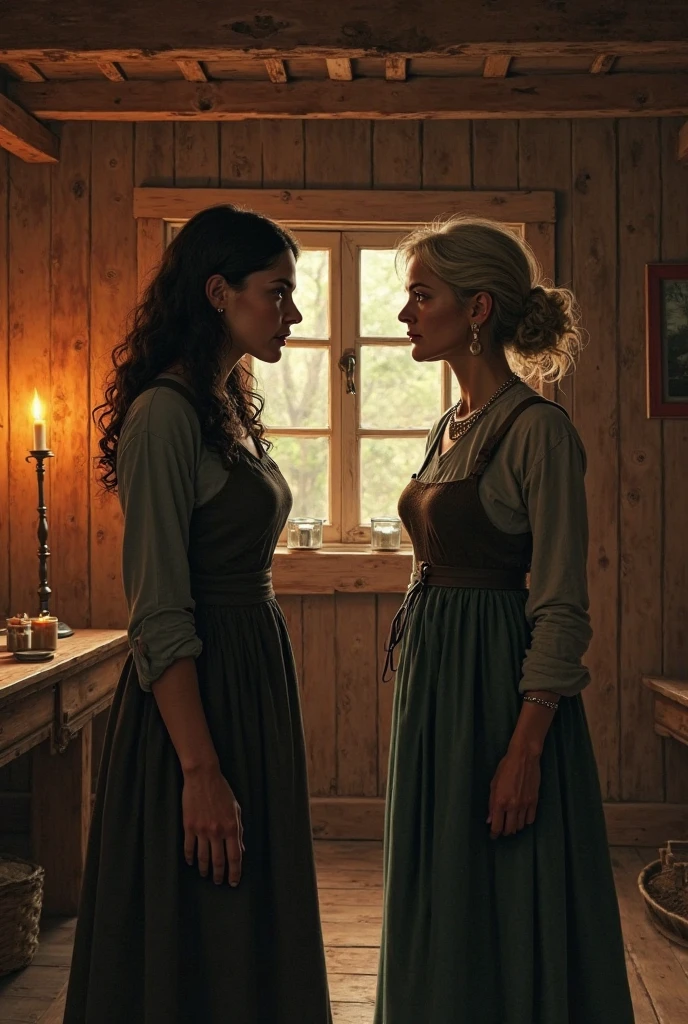 A black-haired Asian woman next to a brown-skinned woman with curly hair in a medieval hut 
