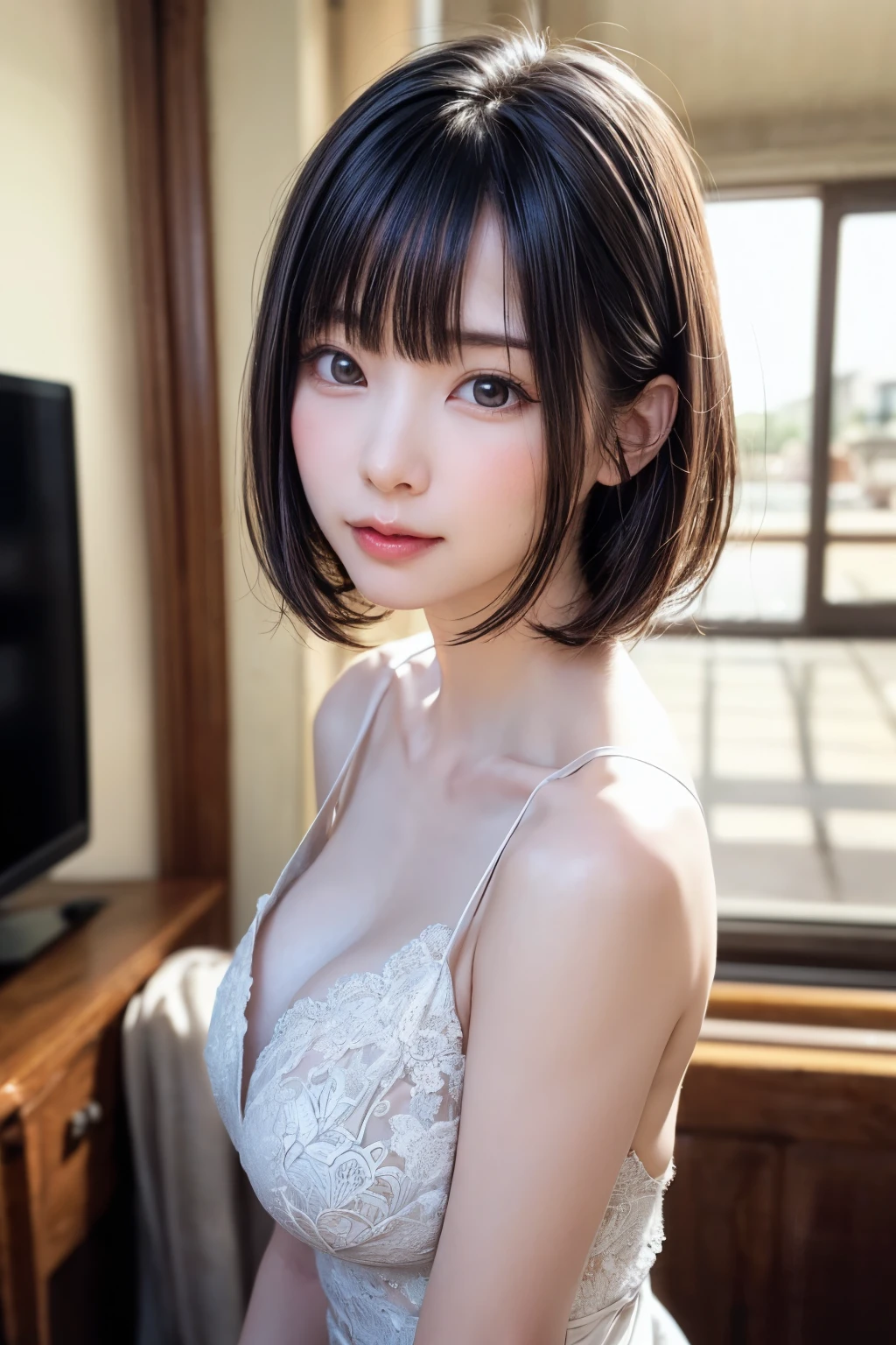 (masterpiece, Highest quality),One Girl, alone, hyper Realistic, Realistic,Realistic, Looking at the audience, Light brown eyes:1.4,Brunette Short Bob Hair with highly detailed shiny hair, Brightly colored winter clothes, Lepangas:1.4), Plein Air, Mouth closed, Upper Body、big chest eye、eyelash、{Hugeな|big chest|Hugeなな|Mega} chest:2, chestの谷間:2、{Huge|big|Hugeな|Mega} chest, chestの谷間、(((big chest eye、Short Bob Hair、Student Highlights、Gazing at the audience、She is very beautiful and cute、Listen carefully、Long neck、smile、Close your mouth and smile、bangsと美しい歯、bangs、Perfect Anatomy)))、Ideal body type、（Snowy tree-lined road in winter in Norway, Out of focus background）、美しいLong neck:1.4、