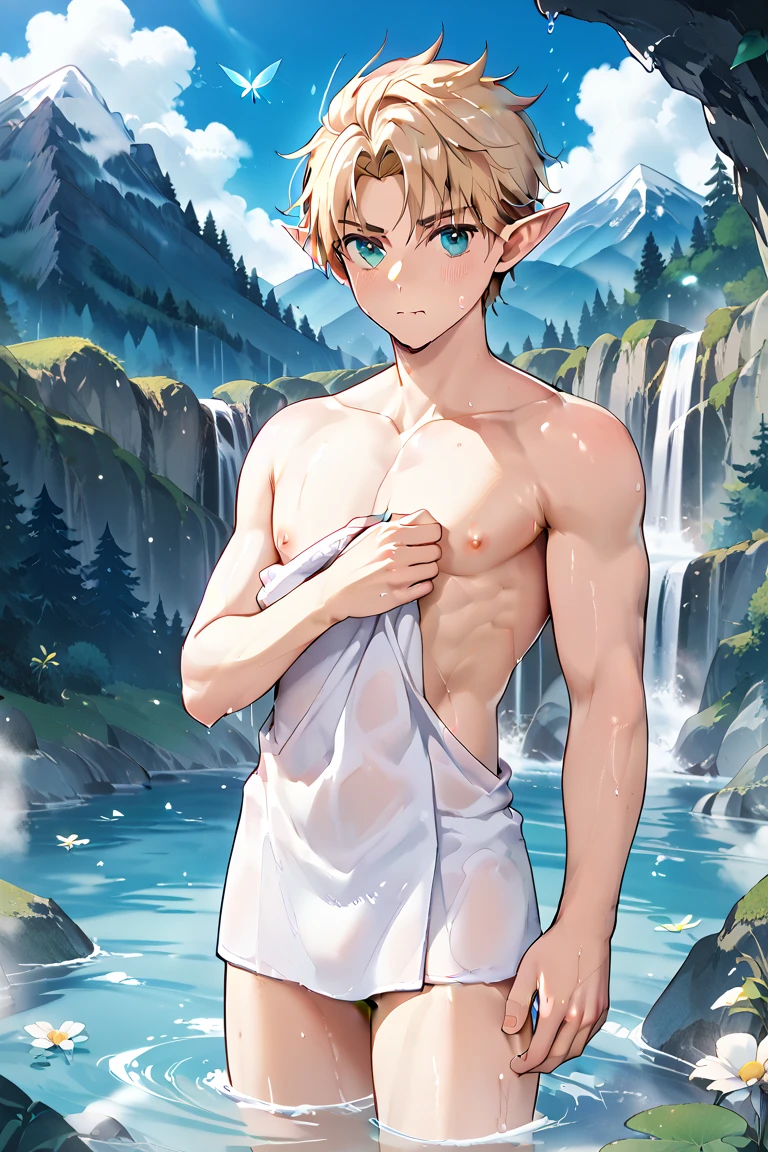 (Masterpiece, high resolution, Very detailed:1.0), (1 boy, young man), Perfect male body, (adult male elf:1.3), Delicate eyes and delicate face, CG ที่Very detailed, unity wallpaper 8k, complicated details, detailed face, (Silver eyes, eyes looking at the camera, sexy smile, seductive expression, half closed eyes, long hair, half in the water, topless, shower, Wet hair and body), Wearing torn, ripped white underwear.,outdoor, Flowers and trees, waterfall, Portrait, color difference, depth of field, Stunning shadow, Ray Tracing, best quality, movie light, official art,full body image