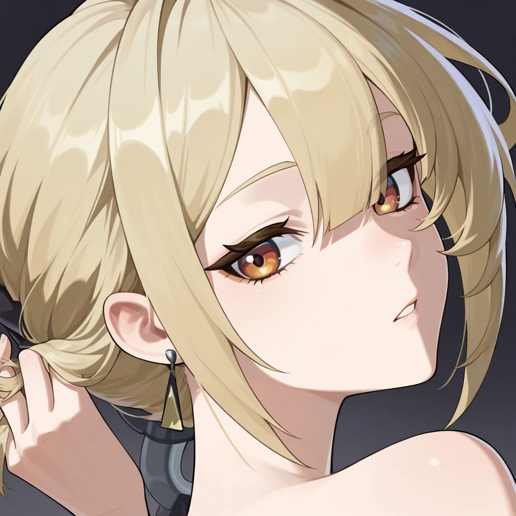 short hair, earrings, yellow eyes, , 1 girl,
