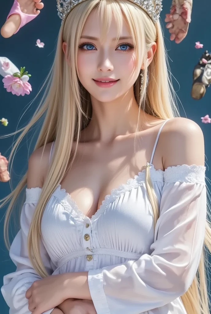 (Hair:Long, blond, and ornamented.
Eyes: Large and expressive with long eyelashes.
Pupils: Sky blue.
Eyebrows: Well-groomed and defined.
Nose: sharp and delicate.
Mouth: slim lips, smiling broadly.
Skin: Smooth and white.
Build: Has a skinny yet plump build.
Face: Youthful, long and oval.
Clothes: White Dress.)
(((Realistic, high resolution, heavenly, child)))