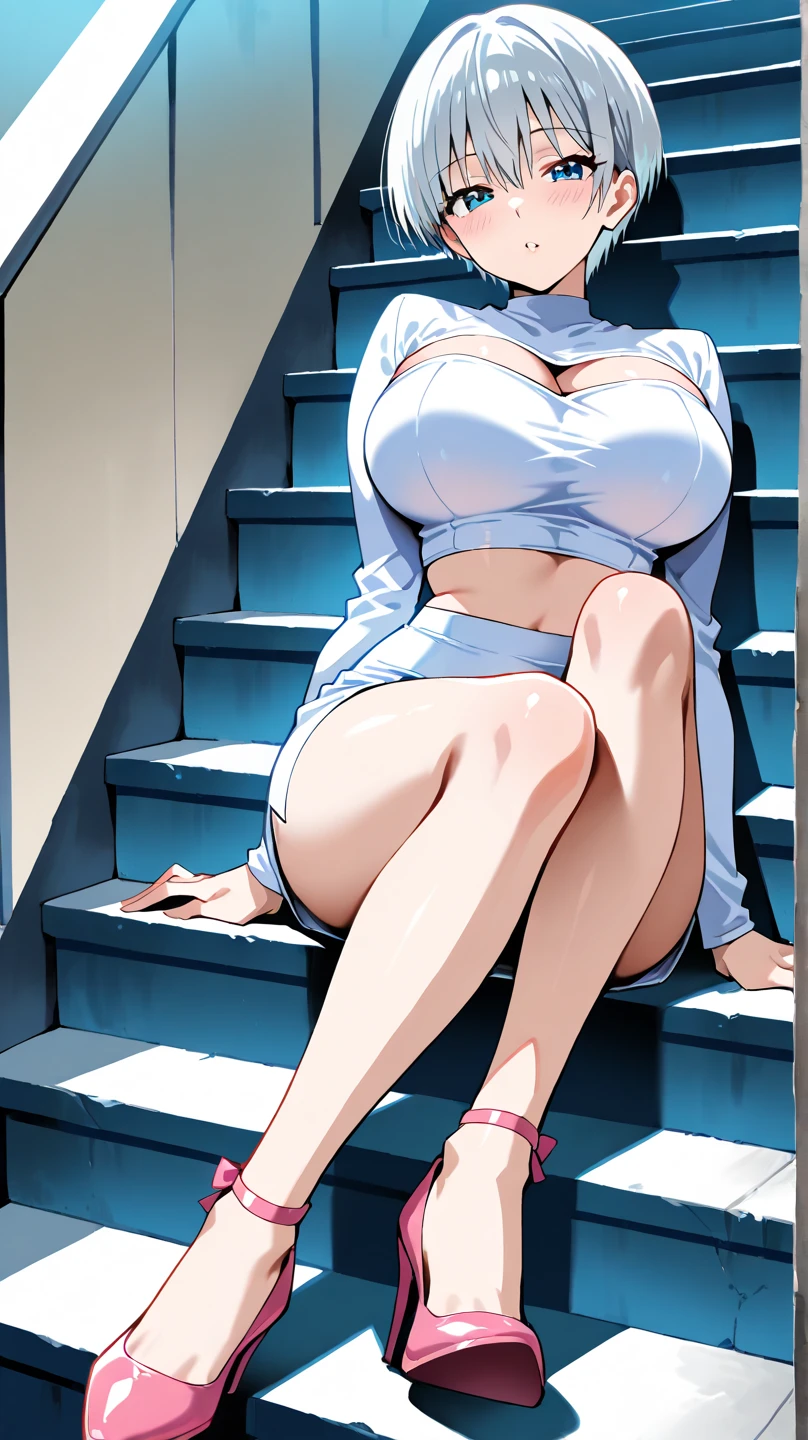 ((Correct Anatomy)),(on stage),(Female )、((school uniform))、((Short sleeve))、(Mini Pleated Skirt),(((Black Stockings))),((Sexy pose)),((Stand on the stairs of the school)),Ultra-high resolution,Mature Woman, Mature Woman, Very detailed,Sunburned skin,Brown Skin, (Big Breasts),((Beautiful feet)),Perfect hands, Detailed fingers, Beautiful details, ((Long Hair)),((ponytail)),Glasses,Black Choker, Earrings,loafers,Perfect Eyes, Captivating eyes,(open-chest)