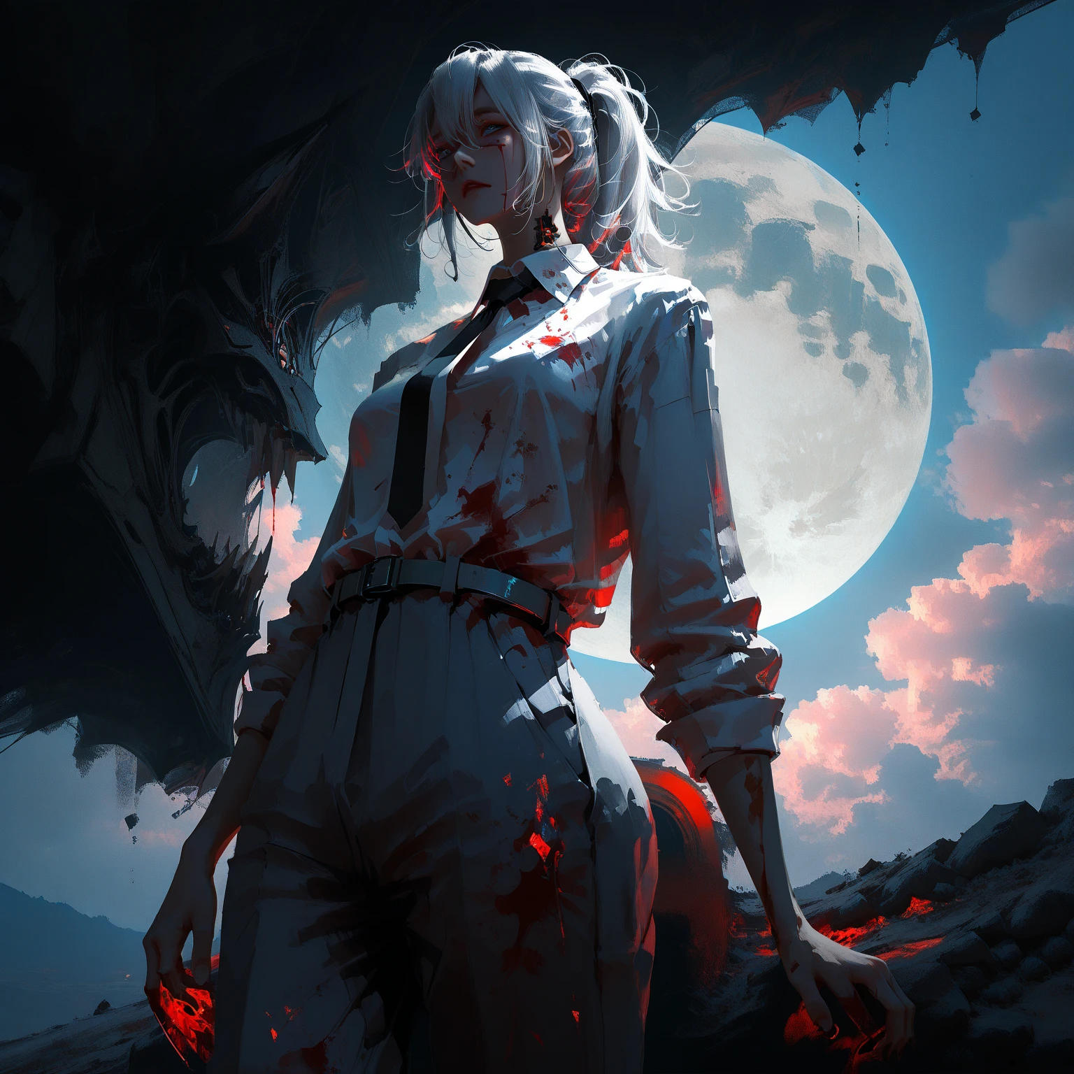1girl, white short hair, red eyes, white dress, standing in blood sea, blood splatter everywhere, hyper-realistic, cinematic lighting, dark fantasy, moody atmosphere, dramatic lighting, striking colors, highly detailed, photorealistic, 8k, best quality, masterpiece